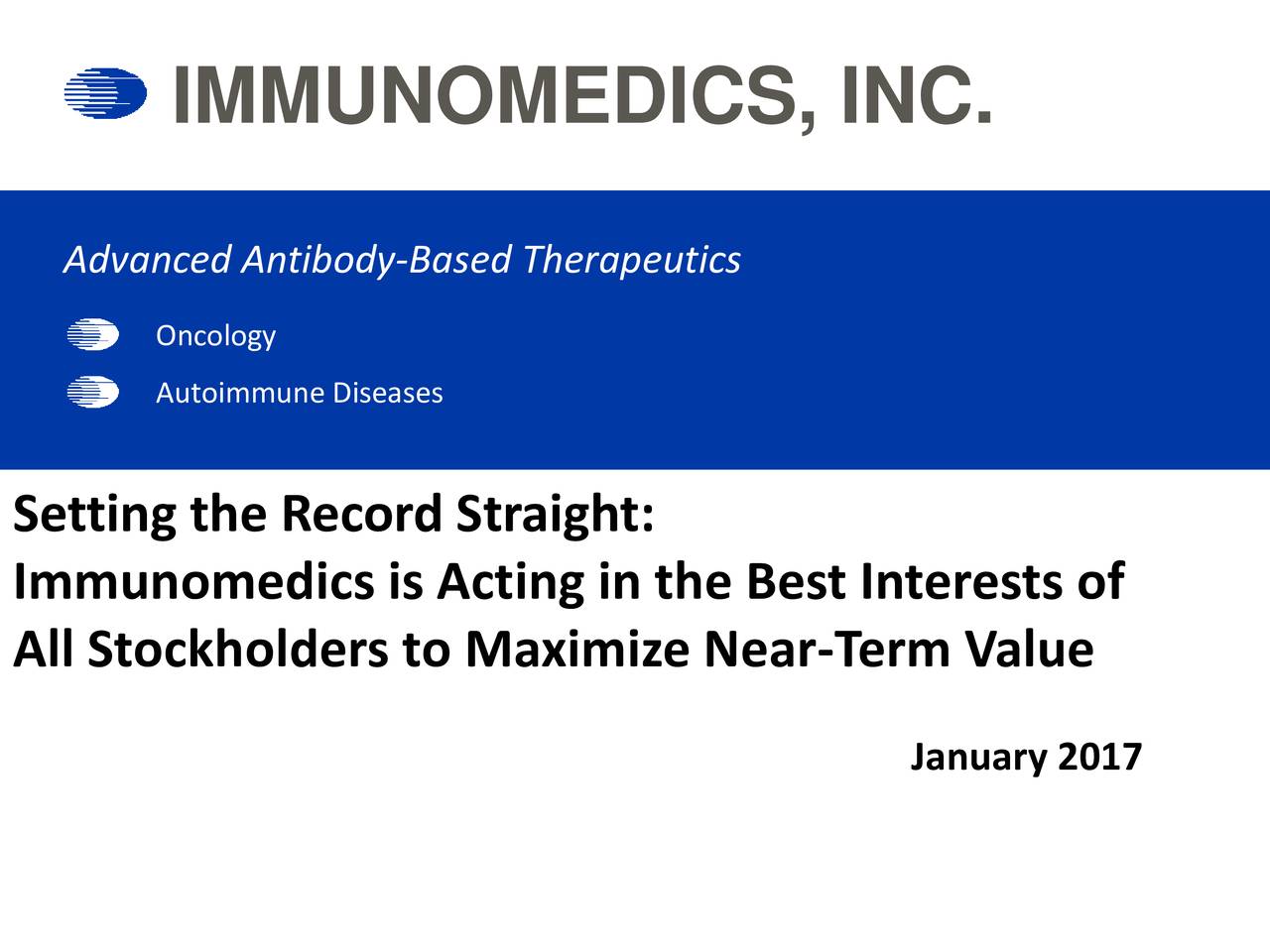 0 36 108 IMMUNOMEDICS, INC. 31 63 125 255 76 0 Advanced Antibody-Based Therapeutics 252 145 63 Oncology 252 174 113 Autoimmune Diseases 0 24 70 Setting the Record Straight: 175 165 147 131 126 116 Immunomedics is Acting in the Best Interests of 114 90 48 All Stockholders to Maximize Near-Term Value 215 208 196 171 176 186 January 2017 242 242 242 213 227 255